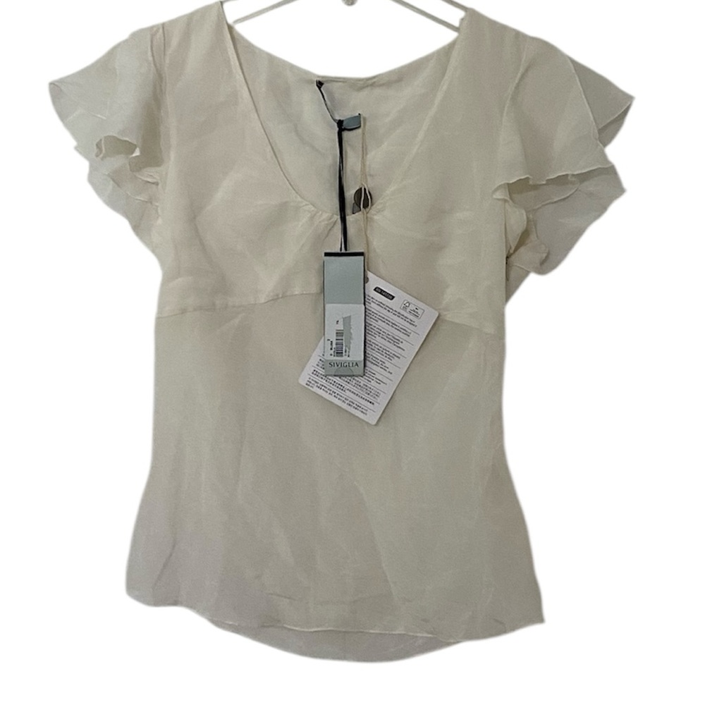 NWT Siviglia Cream Fitted Ruffled Silk Blend  Blouse Italy 40 Small